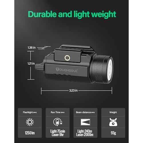 TOUGHSOUL 1200 Lumens Picatinny Rail Mount Pistol Light Green Laser Combo, White LED Flashlight with Green Beam Powered by Built in Rechargeable Battery