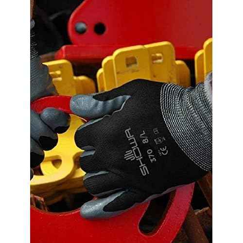 SHOWA Atlas 370 Nitrile Palm Coated General Purpose Work Gloves with Nylon Liner, Black, Medium (12 Pair)