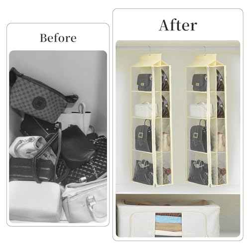 8 Grids in 1 Pack Hanging Purse Handbag Organizer with Double Zippers, Visible Purse Organizer for Closet, Fully Enclosed Purse Storage Holder-Beige