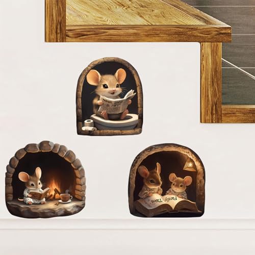 3PCS 3D Mouse Hole Wall Decals Peel and Stick ? Cute Cartoon Mice Reading and Relaxing, Decorative Vinyl Wall Stickers for Kids Room, Bedroom, Nursery, Book Nook, Door Corner or Baseboard Decor
