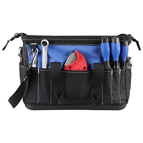 Tahoe Trails 16" Wide Mouth Tool Bag and Organizer for Home, Workshop, or Job Site, Molded Waterproof Base with 21 Pockets and 7 Belt Loops, Padded Handle, Adjustable Shoulder Strap