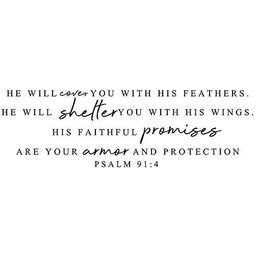 Scripture Wall Decal Stickers, Christian Bible Verse Quotes Vinyl Scripture Decal (27''¡¿10'') - He Will Cover You, Shelter You with His Faithful Promises- Psalm 91:4, for Bedroom, Living Room