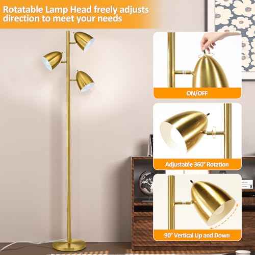 Tree Floor Lamp with 3 Light Bulbs Standing Tall Pole Lamps with Adjustable Metal Heads 65"Reading Stand up Lamps with E26 Base Modern Floor Lamps for Living Rooms, Bedrooms, Home, Office(Gold)