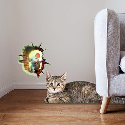 4 Pcs 3D Christmas Mouse Hole Wall Decal Glow in The Dark, Cute?Luminous Christmas Wall Decals, Peel and Stick Cracked Mouse Wall Stickers Fun Decal for Living Room, Bedroom, Bathroom (Style 2)