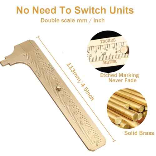 Brass Pocket Caliper with Double Scale Sliding Gauge Bead Measuring Tool Millimeter Gauge Mini Brass Vernier Caliper, Gold Ruler for Measuring Jewelry (100mm), 1 Pack