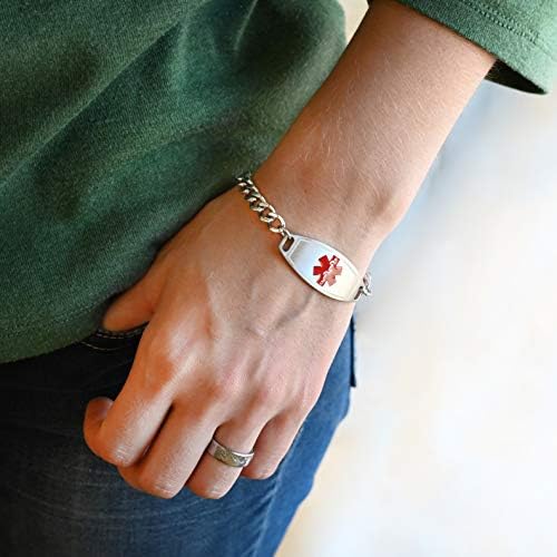 Medical Alert Bracelet Stainless Steel With Free Custom Engraving and ID Card, Curb Chain