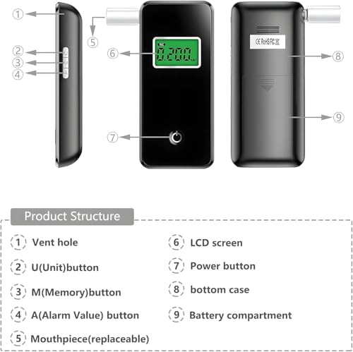 Breathalyzer,Professional-Grade Alcohol Tester with LCD Display,High-Accurate Alcohol Tester with Environment Temperature and Used Records for Home Use (10 Mouthpieces)