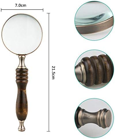 WIOR 10X Handheld Magnifying Glass Antique Copper Magnifier with Sandawood Handle,High Magnification Magnifier for Reading, Senior, Low Vision, Map, Inspection, Handcraft Hobby