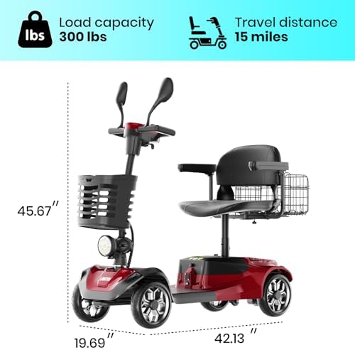 4-Wheel Mobility Scooter for Seniors, Folding Electric Powered Wheelchair, 250W Motor, 15-Mile Range, 5mph Speed, 300 lbs Capacity, All-Terrain, Red, FSA|HSA