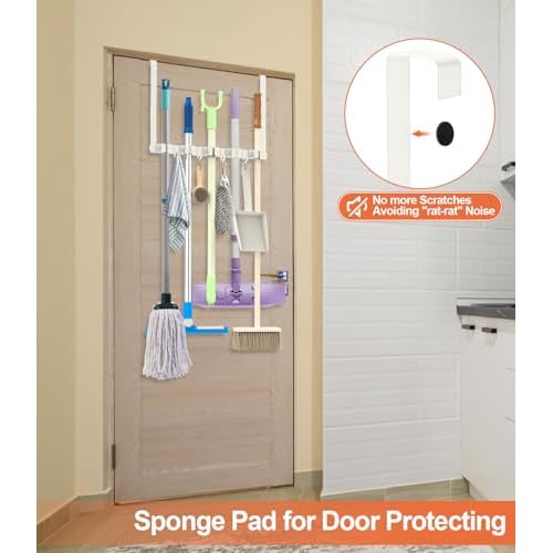 Broom Holder Over The Door Drilling Free Mop and Broom Holder with 4 Over Door Hook, Metal Mop and broom hanger Wall Mount Broom Storage Tool Organizer for Laundry Room Garage Bathroom - white
