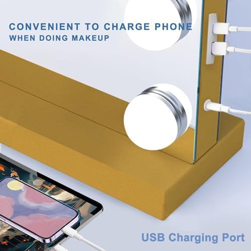 Gold Hollywood Vanity Mirror with Lights, 18 Dimmable Bulbs, 3 Color Lights,Make Up Lighted Mirror, Aluminum Metal Frame, USB Charging Port（32" x 24"）