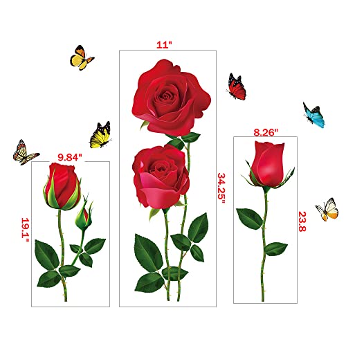 Romantic Red Rose Flower Wall Stickers Butterfly Floral Wall Decals DIY Wall Art Murals for Girls Woman Wedding Room Bedroom Bedside Backdrop Decorations