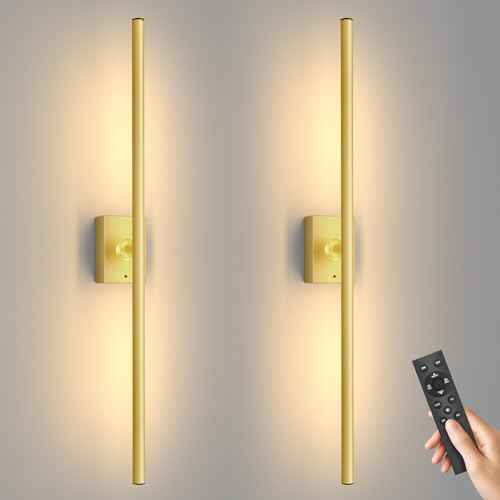 Gold Battery Operated Wall Sconce, Cordless Rechargeable Wall Sconces Set of 2, Modern 4CCT Dimmable Wall Lamps Battery Operated with Remote Control for Bedroom Living Room 31.5 Inch
