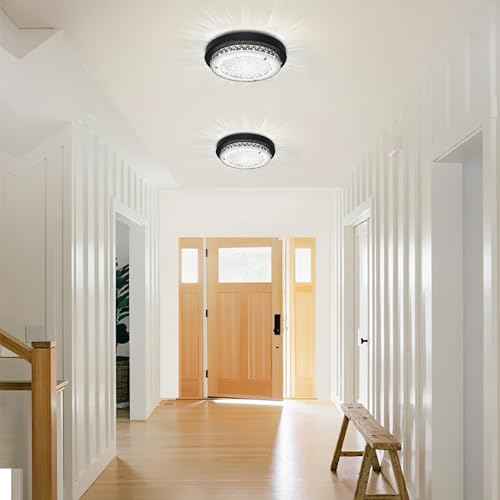 Black Flush Mount Ceiling Light Fixture Crystal LED Bathroom Dimmable Hallway Light Fixtures Ceiling 11" Bedroom Lights for Ceiling