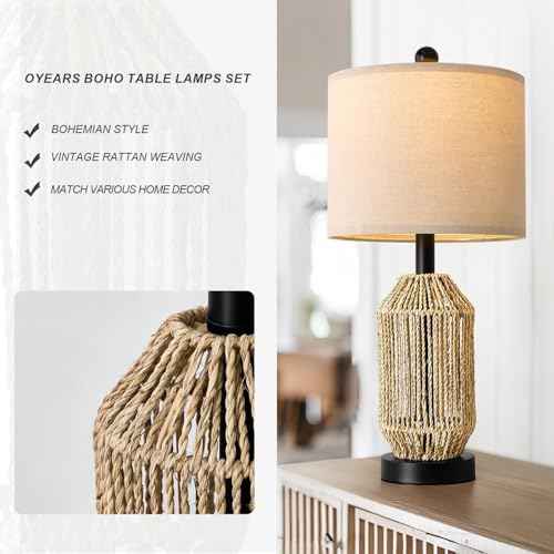 OYEARS 21" Boho Table Lamps Set of 2 for Living Room, Bedside Lamps for Nightstand, Rattan Lamp for Bedroom, Farmhouse Table Lamps for Boho Decor, End Table, Retro, Black