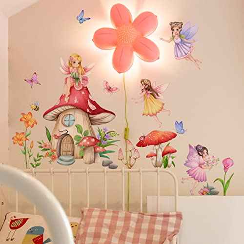 Fairy Girls Wall Decals Mushroom with Flowers Butterfly Wall Stickers for Baby Nursery Girls Bedroom Wall Decor
