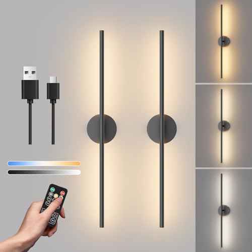 Tipace Battery Operated Wall Sconce with Remote Control,Wall Sconces Set of Two,3000K-6000K LED Wall Light for Bedroom,Hallway,Background Wall,350¡ÆRotate,28 Inch,Black(2 Pack)