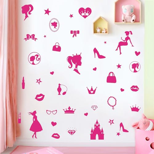 64PCS Pink Princess Stickers - Bedroom Wall Sticker Heart Shape Decoration Large Sticker Star Shape Sticker Gorgeous Girl Sticker for Wall Decor Fridge Decor Student Prize