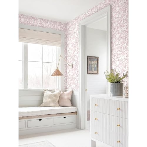 Safiyya 118'' ¡¿ 17.3'' Pink Floral Wallpaper Peel and Stick Pink and White Rose Contact Paper Removable Wall Paper Boho Wallpaper for Bedroom