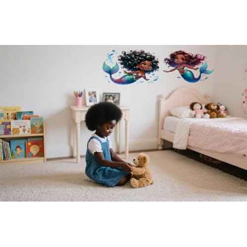Black Mermaid Wall Decals, African American Girl Bedroom Wall Stickers,Waterproof Vinyl Removable Wall Decor for Black Baby Girl Nursery Kids Teens Room Home