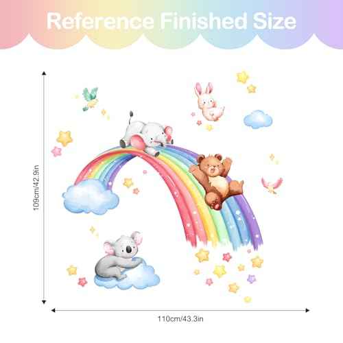 Tanlaby 43" X 43" Animal Rainbow Wall Stickers Bear Elephant Koala Rabbit Wall Decals Peel and Stick Clouds Stars Art Decor for Baby Nursery Kids Bedroom Playroom Daycare Classroom