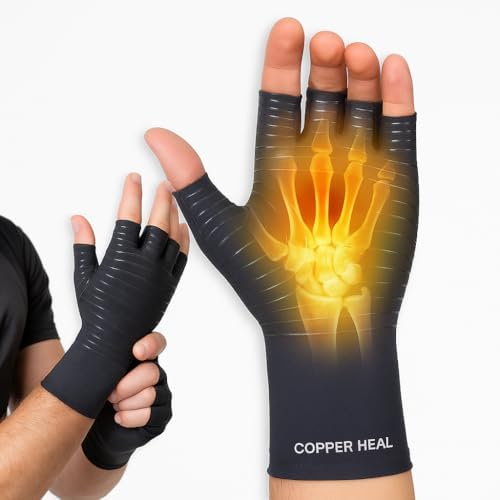 COPPER HEAL Copper Compression Gloves – Pain Relief for Arthritis, Carpal Tunnel & RSI – Fingerless Pair