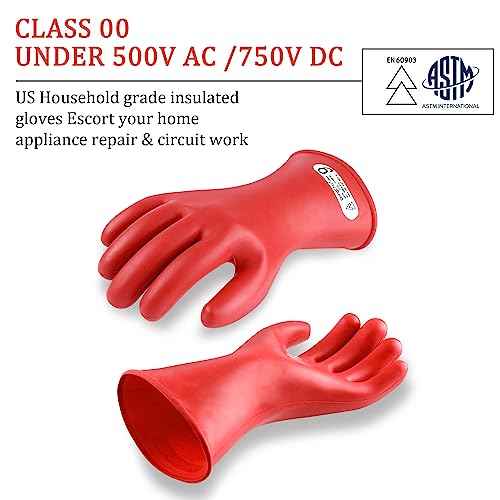 Natural Rubber Gloves - Class 00 Low Voltage Electrical Insulating Linesmen's Gloves with Double-Layer Design, Cotton Anti-Static Knitted Lining, Size 9, Red