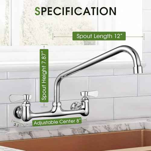 Kitchen Sink Faucet Wall Mount - 8 Inch Center Wall Mount Commercial Kitchen Sink Faucet with 12" Swivel Spout - Dual Lever Handles - Brass Constructed & Chrome Polished