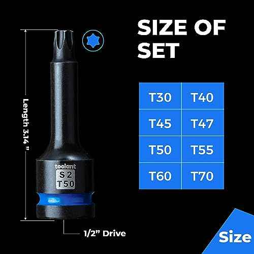 toolant Impact Torx Bit Socket Set 8pcs(T30-T70),1/2" S2 Steel Air Drive Star Sockets, High Impact Bits,Professional Mechanic & Automotive Repair Socket Set