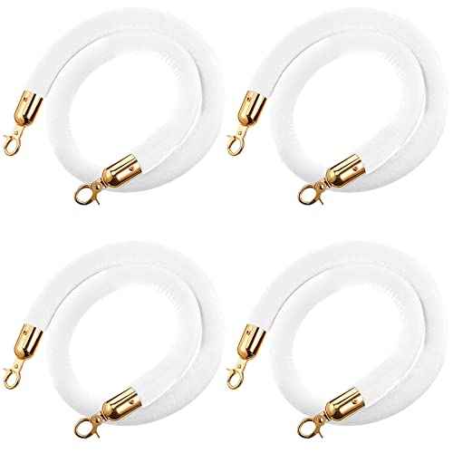 5 Ft Velvet Stanchion Ropes White, 4 Pack Crowd Control Rope Safety Queue Barrier with Gold Hook, VIP Rope for Party Events Decor