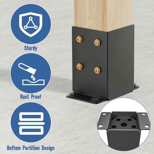 QZER 4¡¿4 Post Base, Inner Size 3.5""x3.5"" Deck Post Brackets, Heavy Duty Metal Black Powder Coated Fence Post Anchor Base for Pavilion Porch Railing Pergola Support Deck Base Plate 4 Pcs
