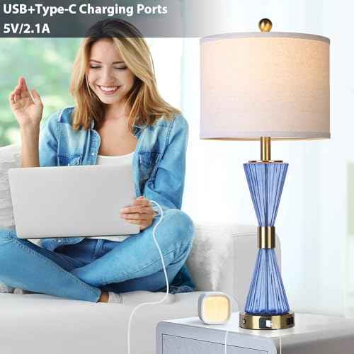 28" Blue Glass Table Lamp Set of 2 with USB C+A Ports and AC Outlet, 3 Way Touch Modern Bedside Lamps for Night Stands, Coastal Nightstand Lamps for Bedroom Living Room