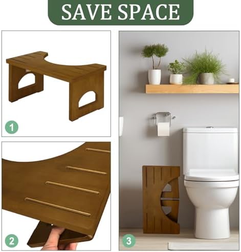 Foldable Toilet Stool, 7.5 Inches Bamboo Toilet Stool Squat for Adults, Collapsible Poop Stool for Bathroom, Potty Step Stool with Non-Slip Strip, Portable Toilet Foot Pooping Stools