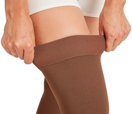 MGANG Medical Thigh High Compression Stockings for Men & Women, Pair, Open Toe, 15-20 mmHg Graduated Compression Support Hose, Opaque, Best for Varicose Veins, Edema, Flight, DVT, Swelling, Brown L