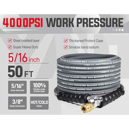YAMATIC 5/16" Pressure Washer Hose 50FT, Kink Free Replacement Hose with Swivel Quick Connect, Non Marking Hot Water Power Washer Hose Max 212¡ÆF, 4000 PSI Steel Wire Braided & Rubber Jacket