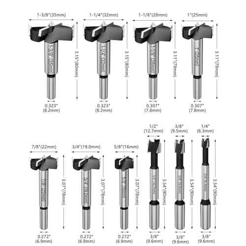 Forstner Drill Bit Set for Wood, Lytool 10 Piece Forstner Bits for Wood, Woodworking Drilling, Auger Opener Round Shank Drilling Cutting Tool for Hardwood, Softwood, Plastic, Plywood, MDF