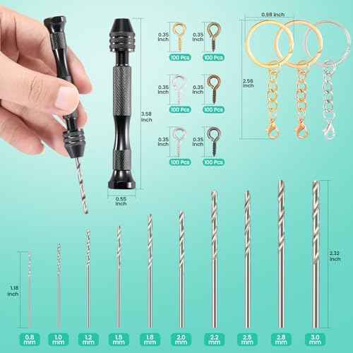 Hand Drill Set for Resin Crafts, Pin Vise Jewelry Making Kit with 10 Drill Bits, 600 Eye Screws, 15 Keychain Rings ? Push Drill Tool for Epoxy, Molds, DIY Projects (Pin Vise Hand Drill Set - 1)