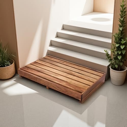 Acacia Wood Step Platform (25'' L x 16'' W x 3.8'' H, No Assembly Required), Outdoor Steps with Non-Skip Pads for Seniors, Wooden One Step Stool for Bed, Stair, Bathroom, Kitchen, Garden