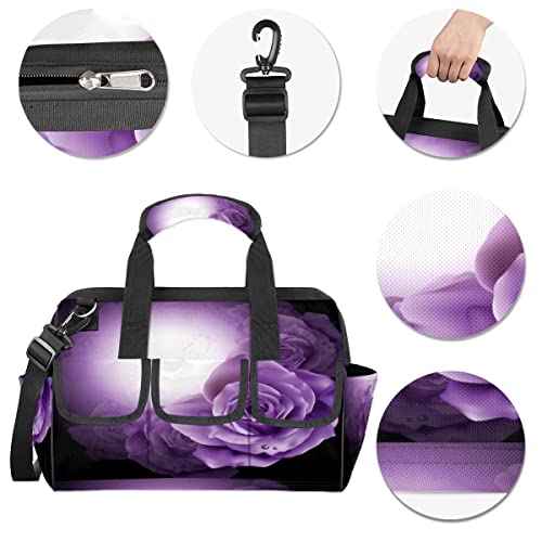 Purple Flowers Roses Tool Bag for Men Women Heavy Duty Multi-Pockets Wide Mouth Tool Tote Waterproof Tool Bag Organizer with Adjustable Shoulder Strap