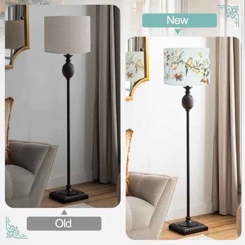 Drum Lamp Shades Set of 2, 13x13x10in Fabric Lamp Shade, Lampshade with Floral and Bird Print, Lamp Shades for Table Lamps, Support Spider and E26 Base