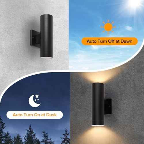 LUTEC Dusk to Dawn Outdoor Wall Lights, 16W Integrated LED Cylinder Up-Down Sconce, 3000K Waterproof Aluminum Exterior Lighting, Matte Black Modern Porch and Entryway Wall Light Fixture, 2 Pack