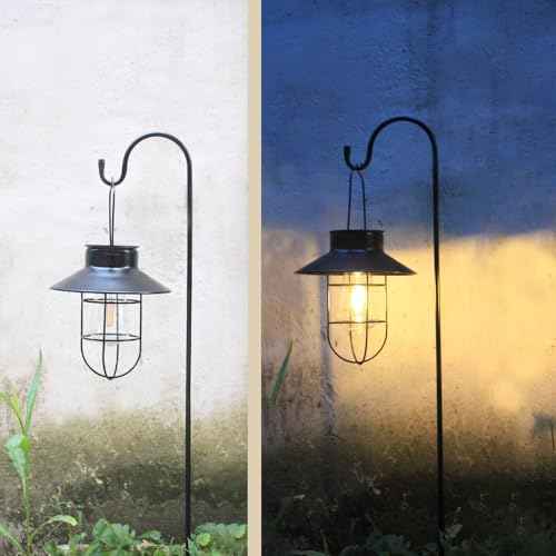 4 Pack Hanging Solar Lantern Lights with Shepherd Hook, Metal Waterproof Warm White Edison Bulb Lights for Garden Outdoor Pathway