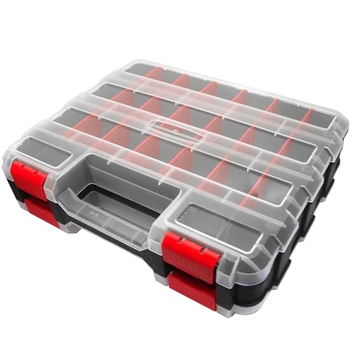 Double Side Tool Box Organizer, Hardware Storage Box, Portable Small Parts Organizer with Removable Plastic Dividers for Screws, Nuts, Nails, Bolts (Red)