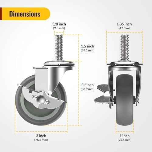 HOLKIE Caster Wheels 3 inch Locking Casters Set of 12, Threaded Stem 3/8" -16 x 1-1/2" (Diameter 3/8", Length 1-1/2") Swivel Heavy Duty Castors Gray