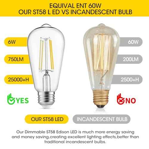 LED Edison Light Bulbs, 60W Equivalent Incandescent Edison Bulbs, Efficient 6W ST58, E26 Medium Base, Dimmable, 750 Lumens, 4000K, Cool White, 90+ CRI, Clear - 24 Count (Pack of 1)