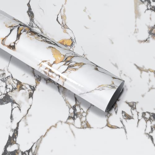 White Gold Marble self adhesive Contact Paper kitchen Granite Countertops peel and stick Wallpaper 118x16inch Removable sticky laminate Wall paper Vinyl Wrap Counter top cabinet decor table desk paper