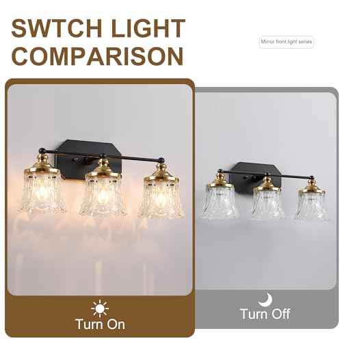 Vintage Bathroom Vanity Light Fixtures, Black and Gold 3-Light Vanity Light, Antique Bathroom Lighting Fixtures Over Mirror with Crystal Glass Shade, Vanity Lights for Bedroom Living Room Hallway