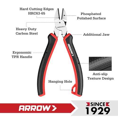 ARROW High Leverage Diagonal Pliers, 6 Inch Wire Cutters with Comfortable TPR Handle, High Carbon Steel Side Cutters for Cutting Wire