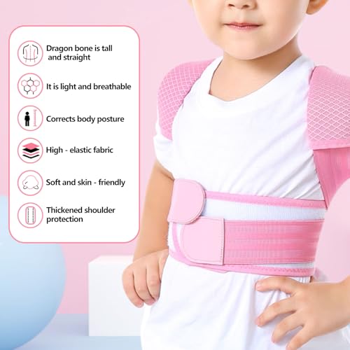 Posture Corrector for Kids,Adjustable Children Posture Corrector for Boys/Girls,Breathable Back Support Belt with Spine Lumbar Shoulder Braces for Hunchback，Spine Corrector (Pink, Large)