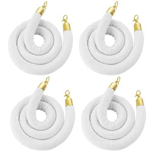 4 Pack 5 Feet White Velvet Stanchion Rope, Crowd Control Ropes with Gold Clasps, Foam Core Queue Safety Sarriers Stanchion Post Rope for Party Event and Red Carpet